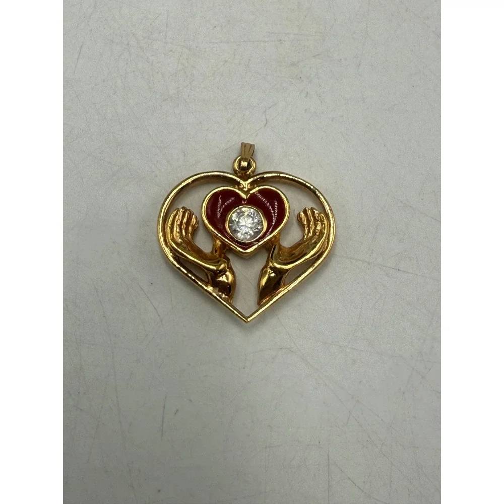 Vintage Gold Tone Heart Hands Pendant Red Enamel Crystal Charm